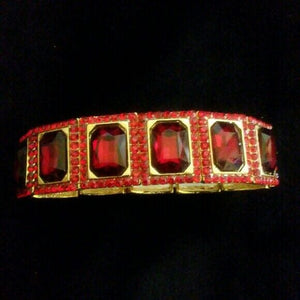 Red Rhinestone Gold Tone Stretch Bracelet