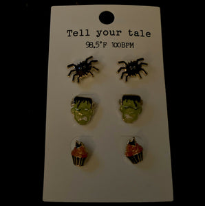 Assorted Halloween Earrings 3 Pair Frankenstein Spiders Cupcakes