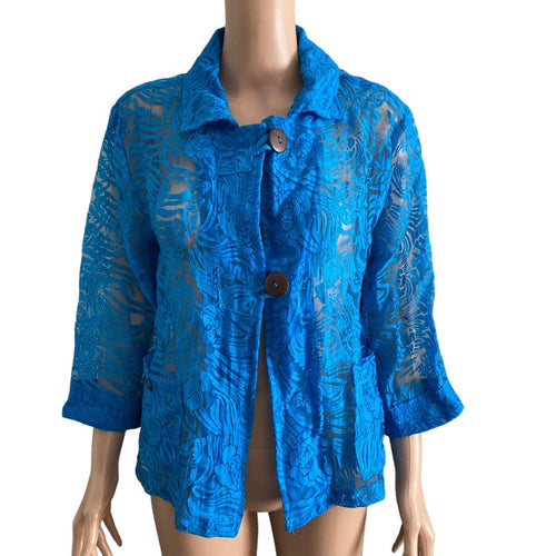 Mirror Image Blouse Lace Womens Medium Linen Blend Blue