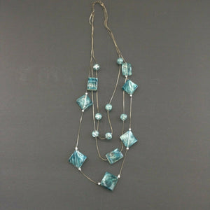 Geometric Blue Glass Three Strand Necklace w Matching Earrings