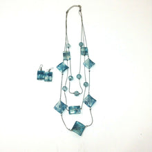 Load image into Gallery viewer, Geometric Blue Glass Three Strand Necklace w Matching Earrings