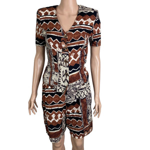 Vintage Francine Browner Shorts 2 Piece Set Women's 5/6 Brown Black Tribal Print