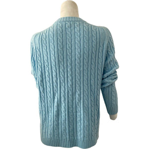 Vintage 70s Womens Sweater Cardigan Cable Knit Light Blue Button Front Medium