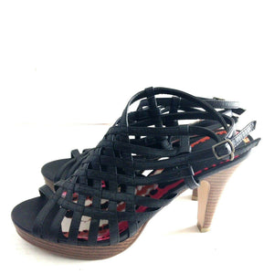 Madden Girl Korral Womens Black Faux Leather Black Peep Toe Strappy Heels 8