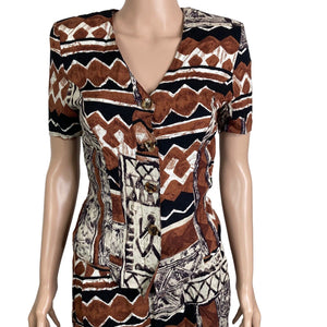 Vintage Francine Browner Shorts 2 Piece Set Women's 5/6 Brown Black Tribal Print