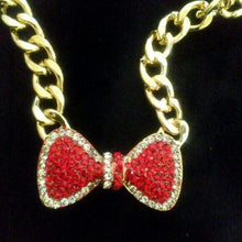 Load image into Gallery viewer, Red &amp; Clear Rhinestone Bow Gold Tone Necklace