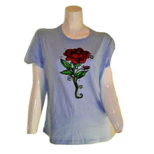 Load image into Gallery viewer, Pink Cookie Women&#39;s Light Blue T-shirt w Red Rose Extra Large