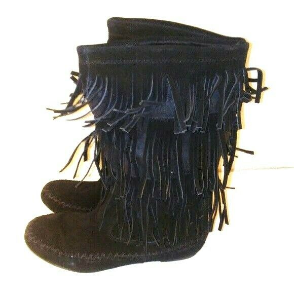 Mudd Pixie Womens Black Suede Flat Fringe Style Boots 7.5