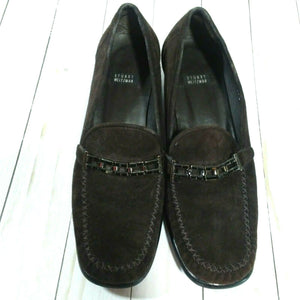 Stuart Weitzman Womens Dark Brown Suede Chunky Heal Loafers w Black Gems 8