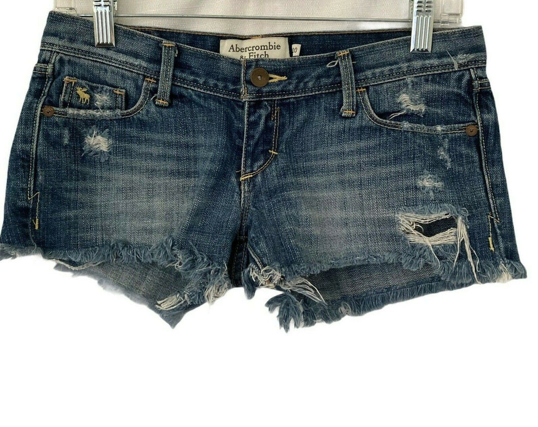 Abercrombie Fitch Shorts Blue Denim Distressed Womens Size 00 Juniors low rise