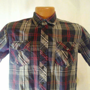 Burnside Mens Dark Multicolored Plaid Short Sleeve Button Down Shirt Small