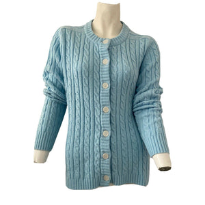 Vintage 70s Womens Sweater Cardigan Cable Knit Light Blue Button Front Medium