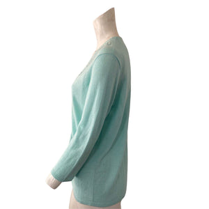 Liz Claiborne Collection Cardigan Sweater Aqua Green Embroidered Med Linen Blend