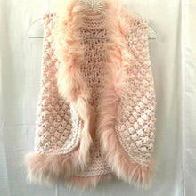 Load image into Gallery viewer, Girls Pink Handmade Crochet Faux Fur Lined Open Front Sweater Vest Small