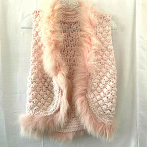 Girls Pink Handmade Crochet Faux Fur Lined Open Front Sweater Vest Small