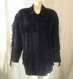 Vittadini Sport Womens Vintage Black Fringe Suede Jacket Small