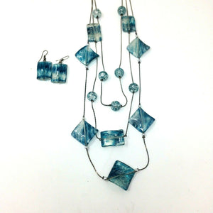 Geometric Blue Glass Three Strand Necklace w Matching Earrings
