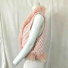 Load image into Gallery viewer, Girls Pink Handmade Crochet Faux Fur Lined Open Front Sweater Vest Small