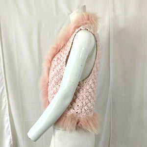 Girls Pink Handmade Crochet Faux Fur Lined Open Front Sweater Vest Small