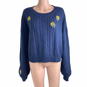BP Sweater Women’s XL Floral Embroidered Navy Blue Pullover Stretch