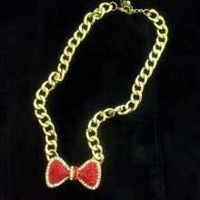 Load image into Gallery viewer, Red &amp; Clear Rhinestone Bow Gold Tone Necklace