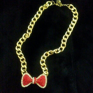 Red & Clear Rhinestone Bow Gold Tone Necklace