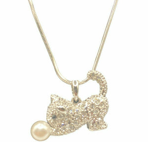 Womens Rhinestone Faux Pearl Cat Pendant Necklace