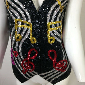 Womens Vintage Black and Silver Multicolored Musical Themed Sequinned Vest Small