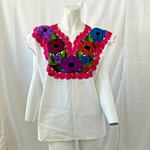 Vintage Womens Multicolored Floral Embroidered Linen Tourist Blouse Size Large