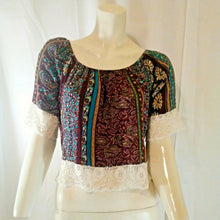 Load image into Gallery viewer, Womens Multicolored Paisley Floral Crop Top With White Lace Trim and Back Large