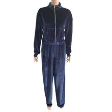 Load image into Gallery viewer, Fabletics Jumpsuit Womens Large Velour Wide Leg Navy Blue Zip Front New