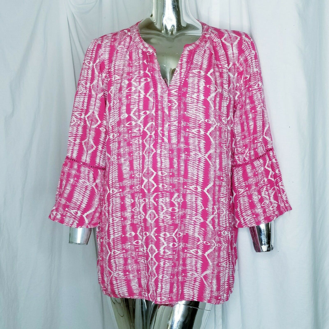 Gloria Vanderbilt Top Pink White Geometric Print Flare Sleeve Womens Large