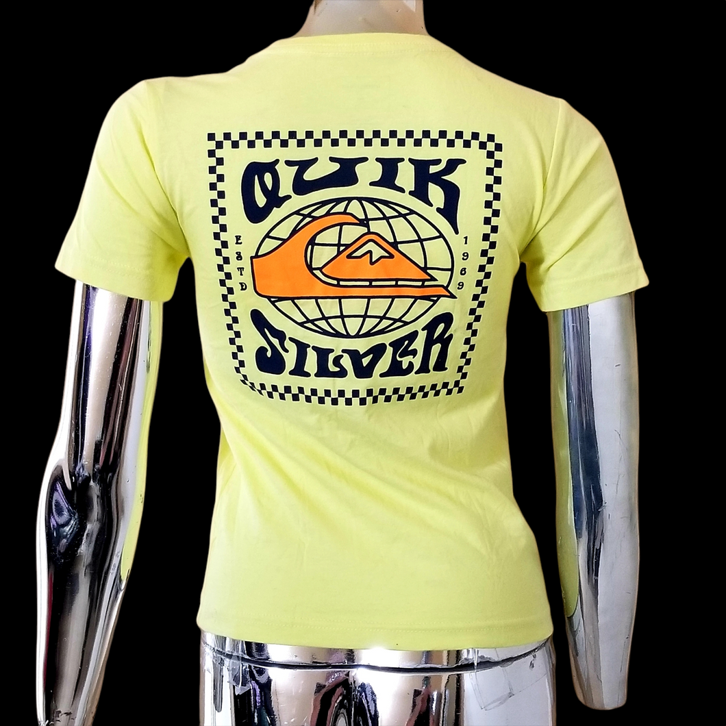 Quiksilver Boys Yellow Orange Black Logo Checkerboard Short Sleeve T-Shirt S