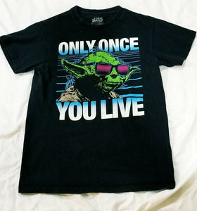 Star Wars Mens Black Green Blue Yoda Only Once You Live Short Sleeve Tshirt S