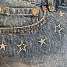 Load image into Gallery viewer, H&amp;M Coachella Shorts Denim Size 8 Medium Wash Silver Embroidered Stars Colab