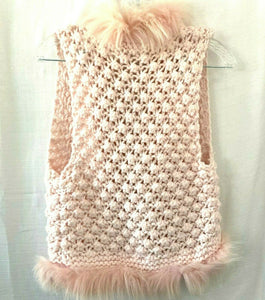 Girls Pink Handmade Crochet Faux Fur Lined Open Front Sweater Vest Small