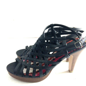 Madden Girl Korral Womens Black Faux Leather Black Peep Toe Strappy Heels 8