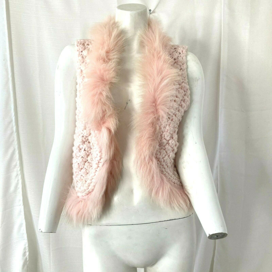 Girls Pink Handmade Crochet Faux Fur Lined Open Front Sweater Vest Small