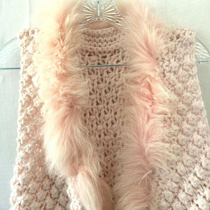 Girls Pink Handmade Crochet Faux Fur Lined Open Front Sweater Vest Small