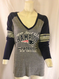 Patriots Womens Superbowl XLIX Champions Gray and Blue Long Sleeve Tshirt XL