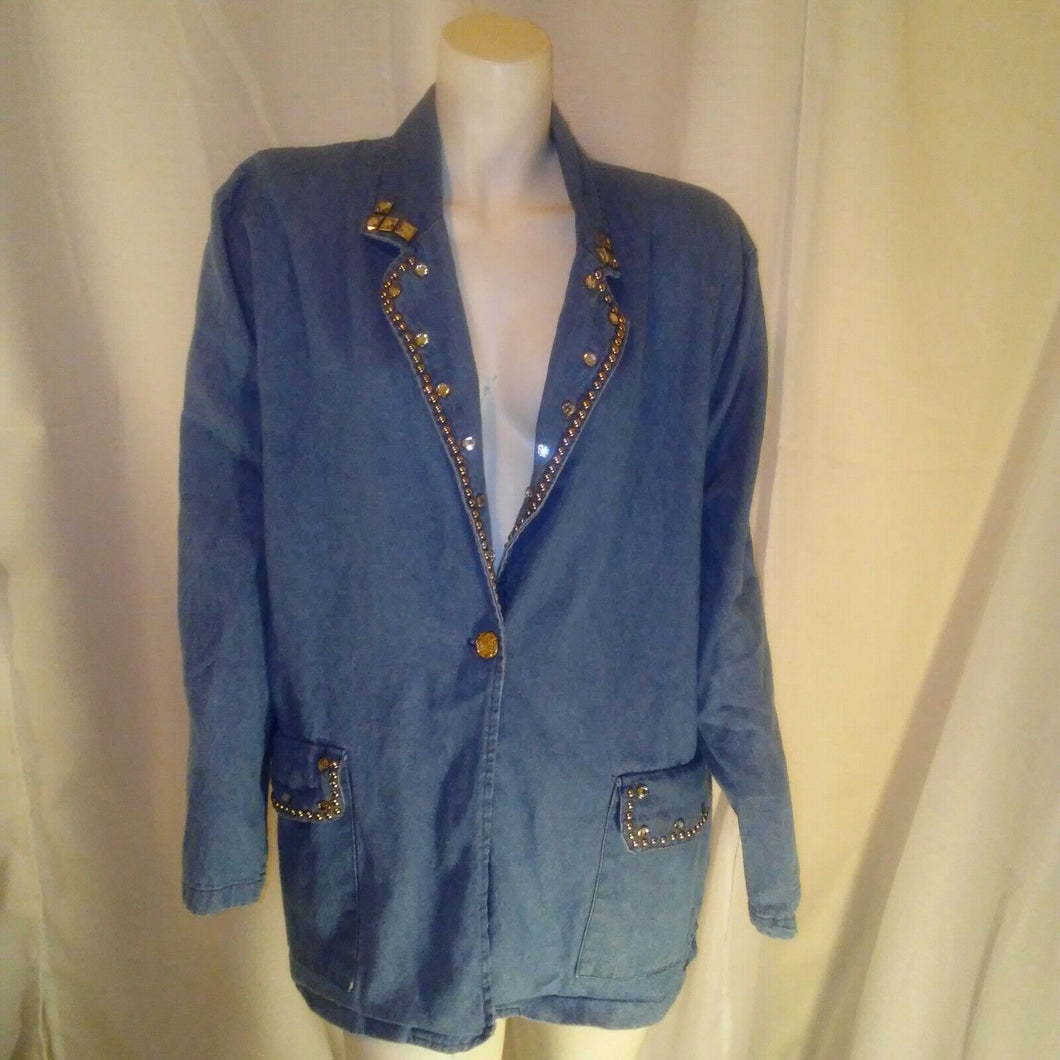 Vintage Colon Womens Blue Denim Jacket with Rhinestones and Studs Medium