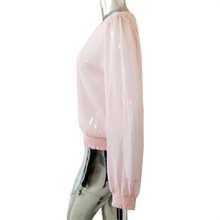 Load image into Gallery viewer, Socialite Blouse Womens Pink Crochet Trim Semi-Sheer Smocked Cuffs/Hem Large NEW