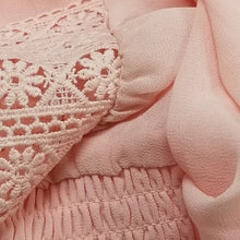 Load image into Gallery viewer, Socialite Blouse Womens Pink Crochet Trim Semi-Sheer Smocked Cuffs/Hem Large NEW
