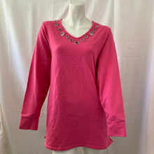 Load image into Gallery viewer, Quacker Factory Womens Pink Rhinestone Neckline Shirt Size Small