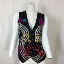 Load image into Gallery viewer, Womens Vintage Black and Silver Multicolored Musical Themed Sequinned Vest Small