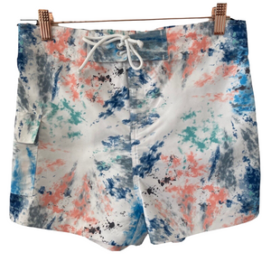 Swim Trunks Board Shorts Tie Dye Multicolored Small White blue paint splatter