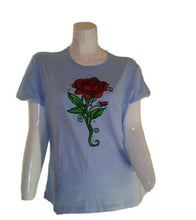 Load image into Gallery viewer, Pink Cookie Women&#39;s Light Blue T-shirt w Red Rose Extra Large