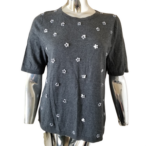 Talbots Womens Charcoal Gray Beaded Sequin Flowers Short Sleeve Sweater Large