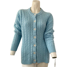 Load image into Gallery viewer, Vintage 70s Womens Sweater Cardigan Cable Knit Light Blue Button Front Medium