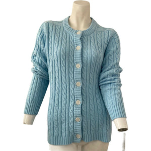 Vintage 70s Womens Sweater Cardigan Cable Knit Light Blue Button Front Medium